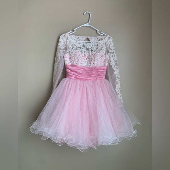 Sherri Hill dress, homecoming tulle lace sheer pink open back - Picture 1 of 13